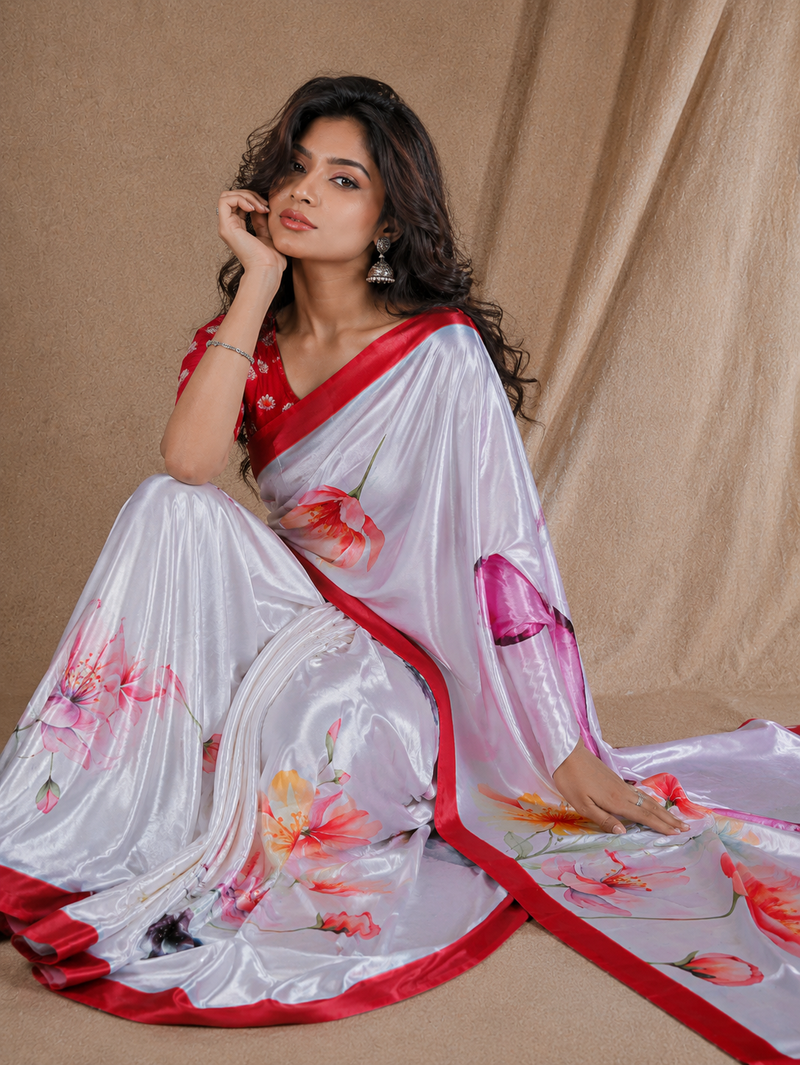 White Floral Printed Silk Saree With Red Border