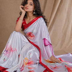 White Floral Printed Silk Saree With Red Border