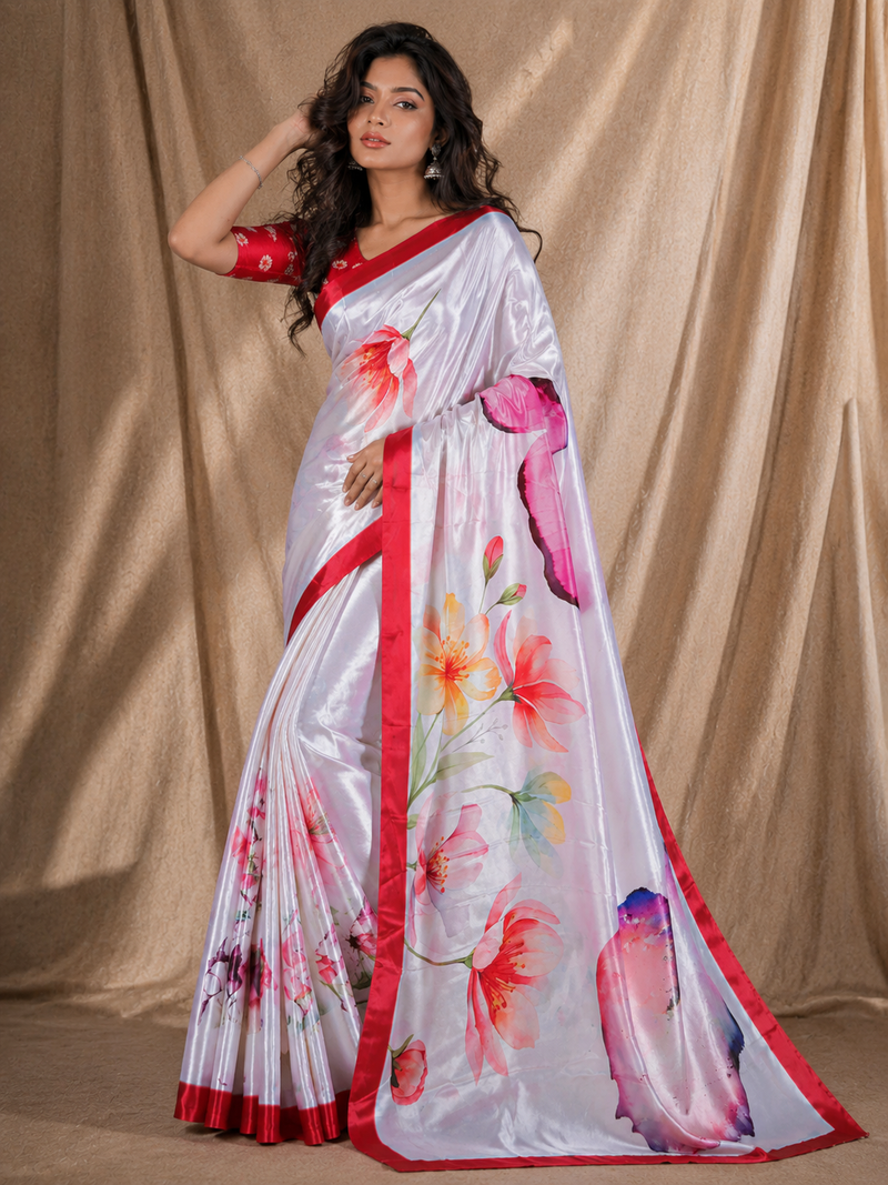 White Floral Printed Silk Saree With Red Border