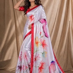 White Floral Printed Silk Saree With Red Border