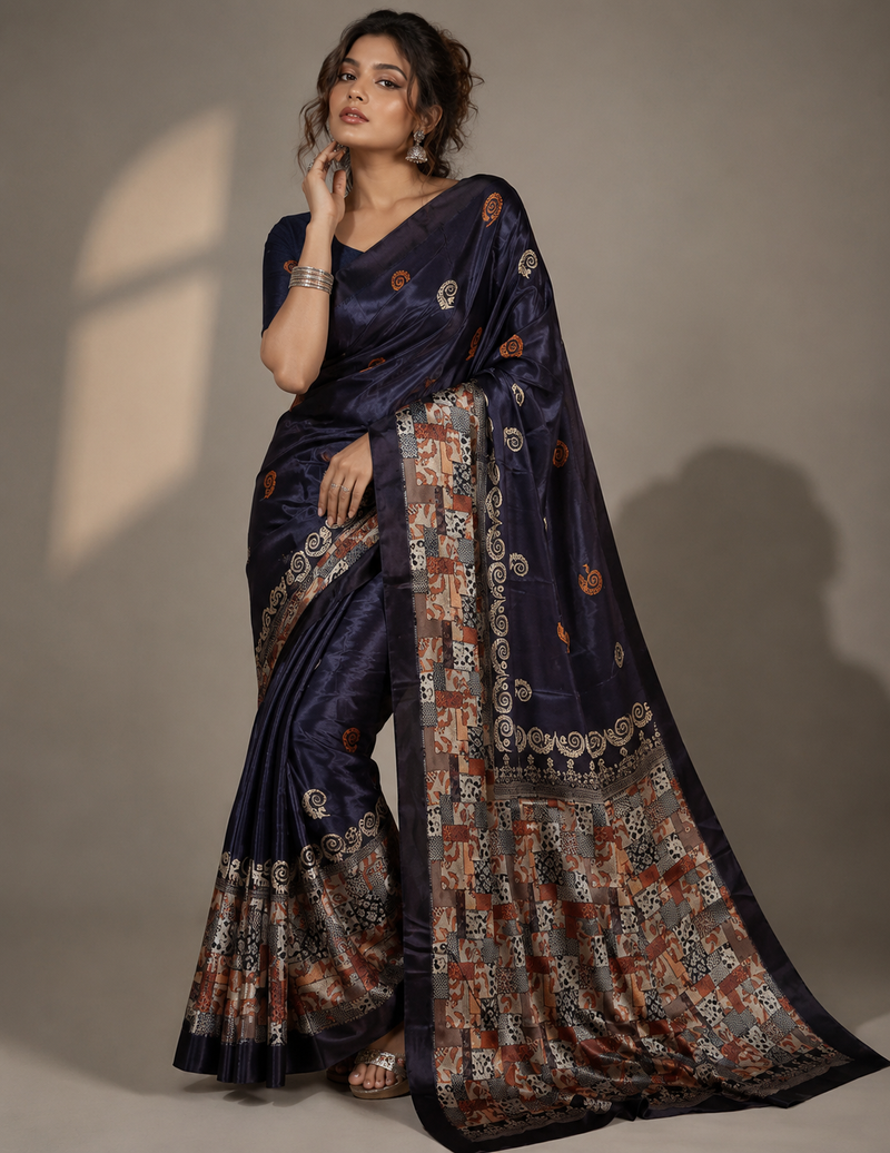 Blue Abstract Geometric Chiffon Silk Saree