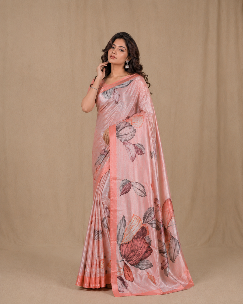 Peach Floral Printed Silk Saree With Soft Gloss Finish