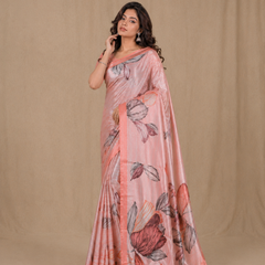 Peach Floral Printed Silk Saree With Soft Gloss Finish