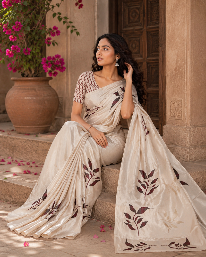 Elegant Beige Leaf Print Chiffon Silk Saree