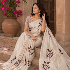 Elegant Beige Leaf Print Chiffon Silk Saree