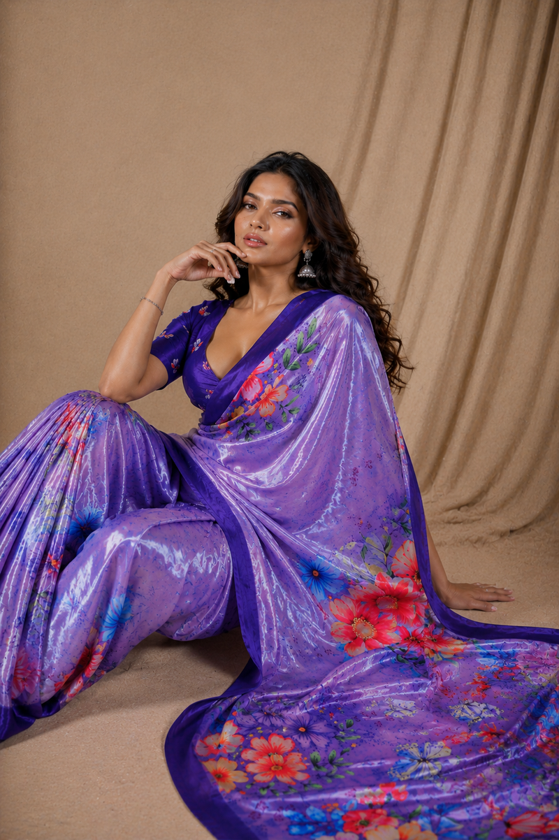 Lavender Purple Floral Printed Silk Saree With Butterfly Design