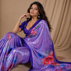 Lavender Purple Floral Printed Silk Saree With Butterfly Design
