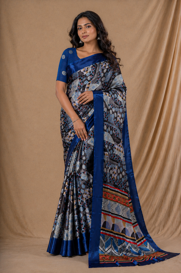 Stylish Navy Blue Geometric Printed Silk Saree