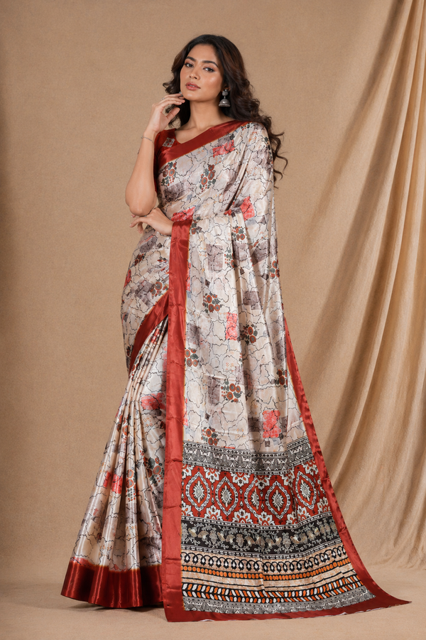 Cream & Rust Abstract Printed Silk Saree With Ethnic Border
