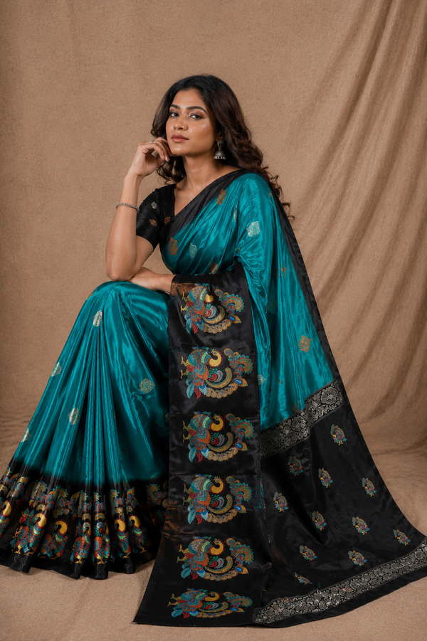 Teal Blue Black Peacock Print Silk Saree With Designer Pallu