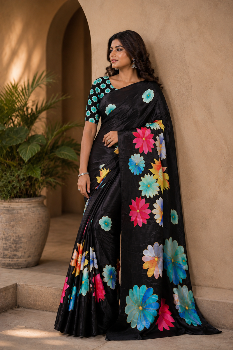 Black Multicolor Floral Print Chiffon Silk Saree