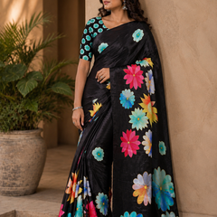 Black Multicolor Floral Print Chiffon Silk Saree