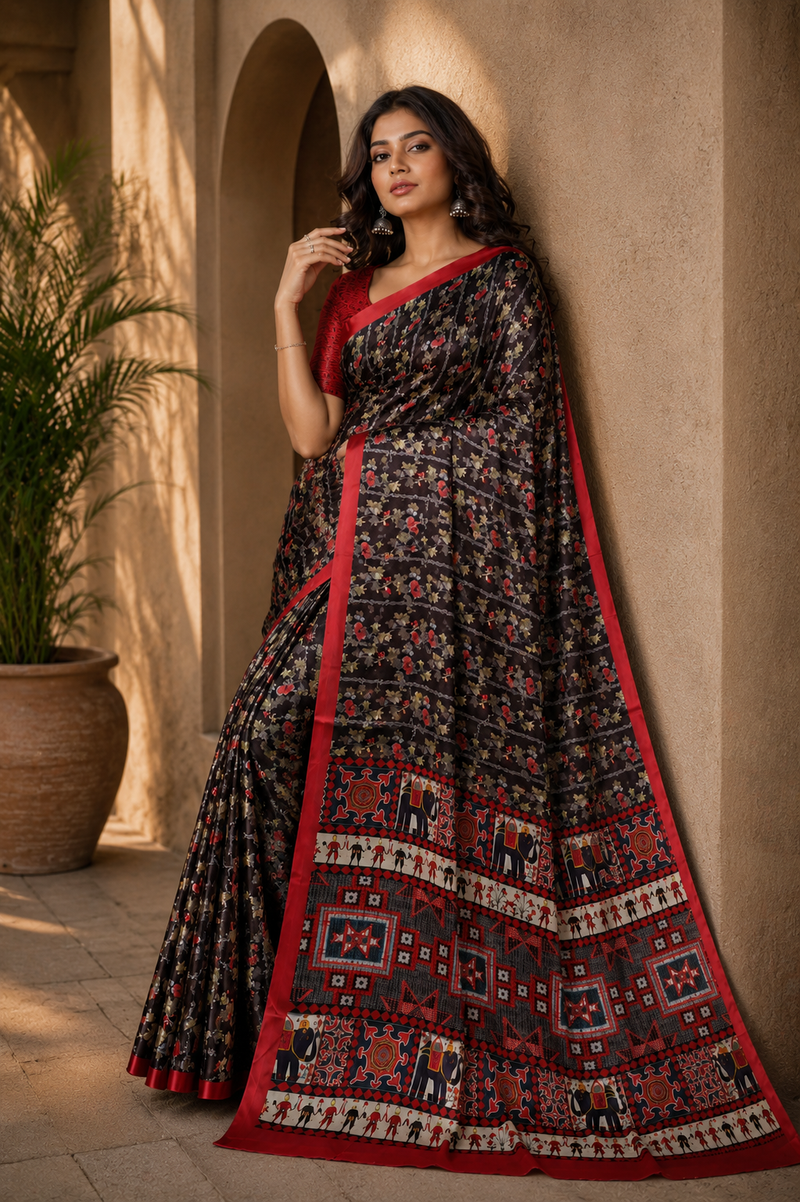 Black Floral Printed Chiffon Silk Saree With Red Border
