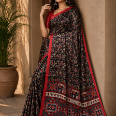 Black Floral Printed Chiffon Silk Saree With Red Border