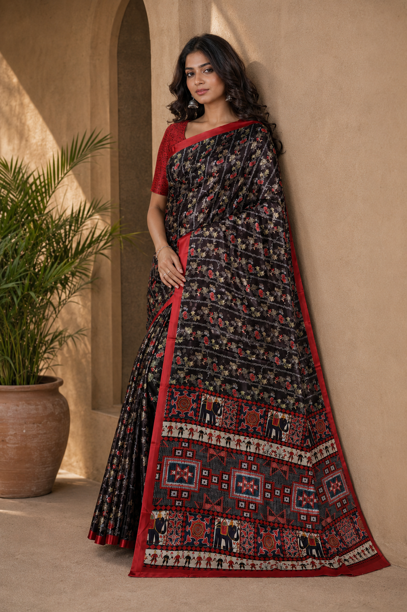 Black Floral Printed Chiffon Silk Saree With Red Border