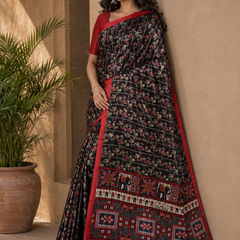 Black Floral Printed Chiffon Silk Saree With Red Border