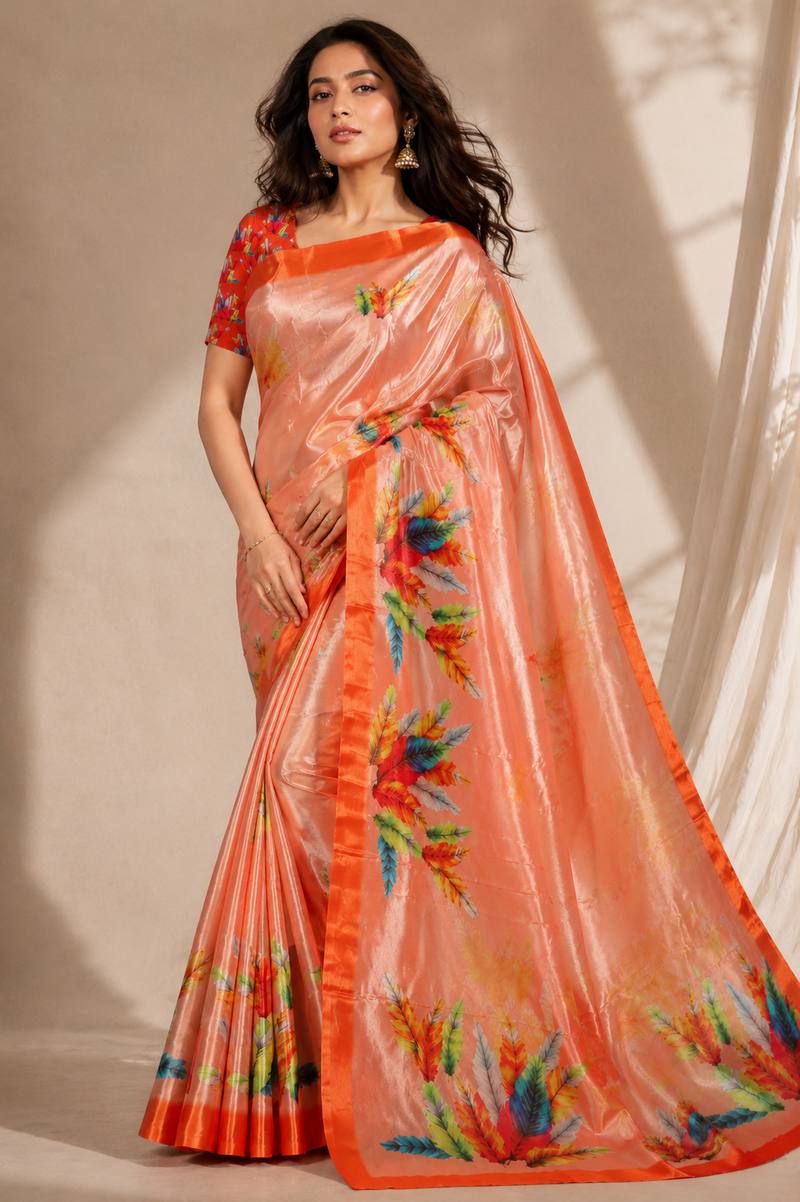 Vibrant Peach Feather Print Chiffon Silk Saree