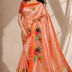 Vibrant Peach Feather Print Chiffon Silk Saree