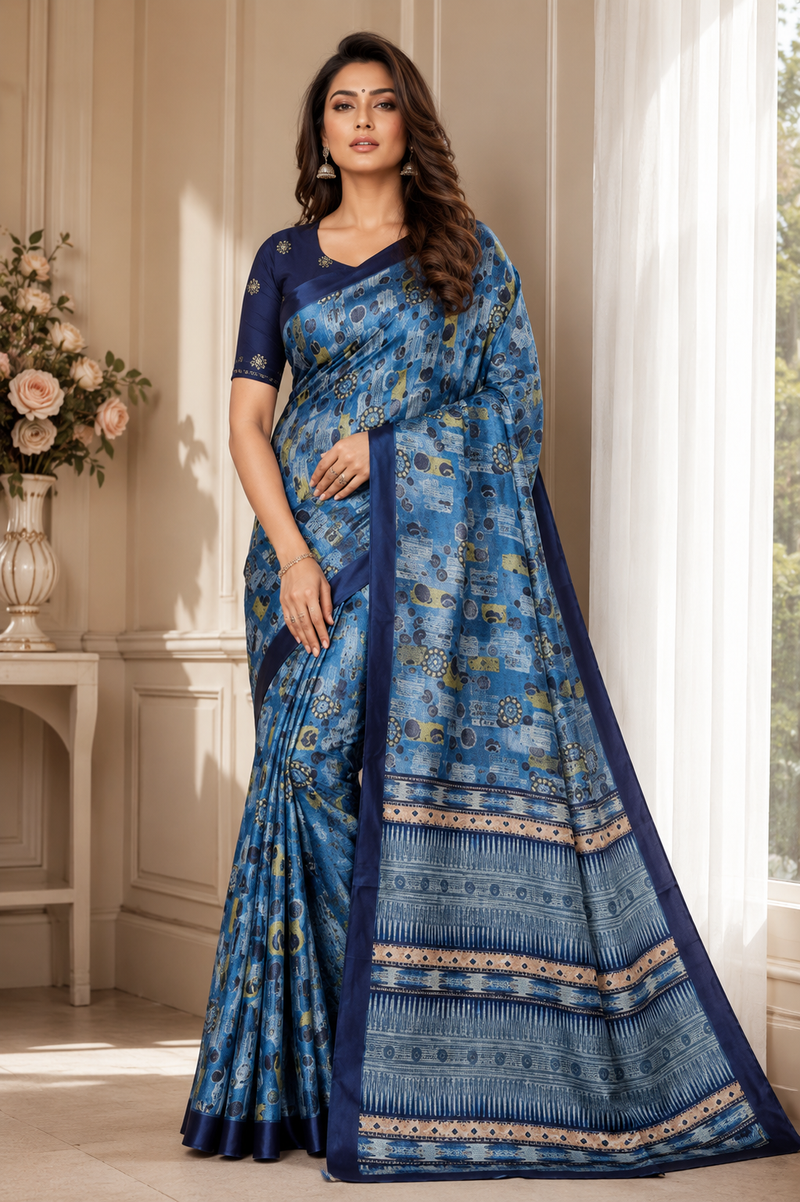 Midnight Blue Mosaic Chiffon Silk Saree with Geometric Borders