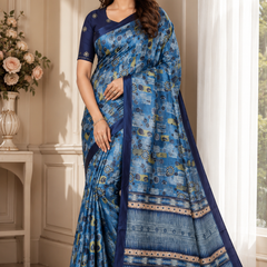 Midnight Blue Mosaic Chiffon Silk Saree with Geometric Borders