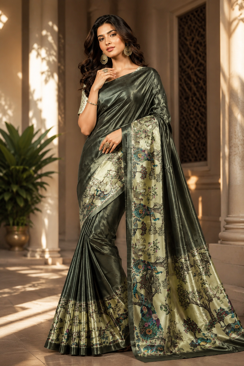 Olive Metallic and Pastel Green Paithani Print Satin Saree