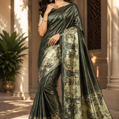Olive Metallic and Pastel Green Paithani Print Satin Saree