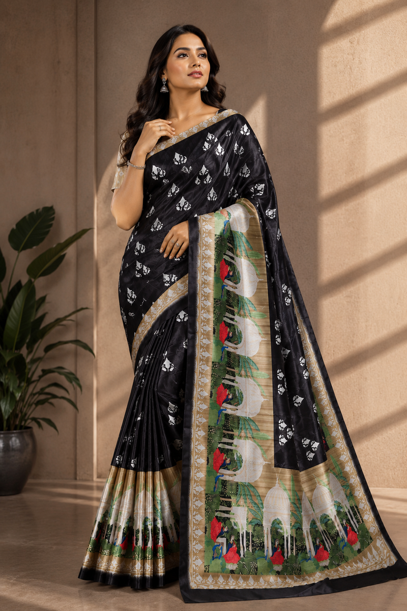 Jet Black and Beige Paithani Print Satin Saree