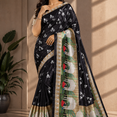 Jet Black and Beige Paithani Print Satin Saree