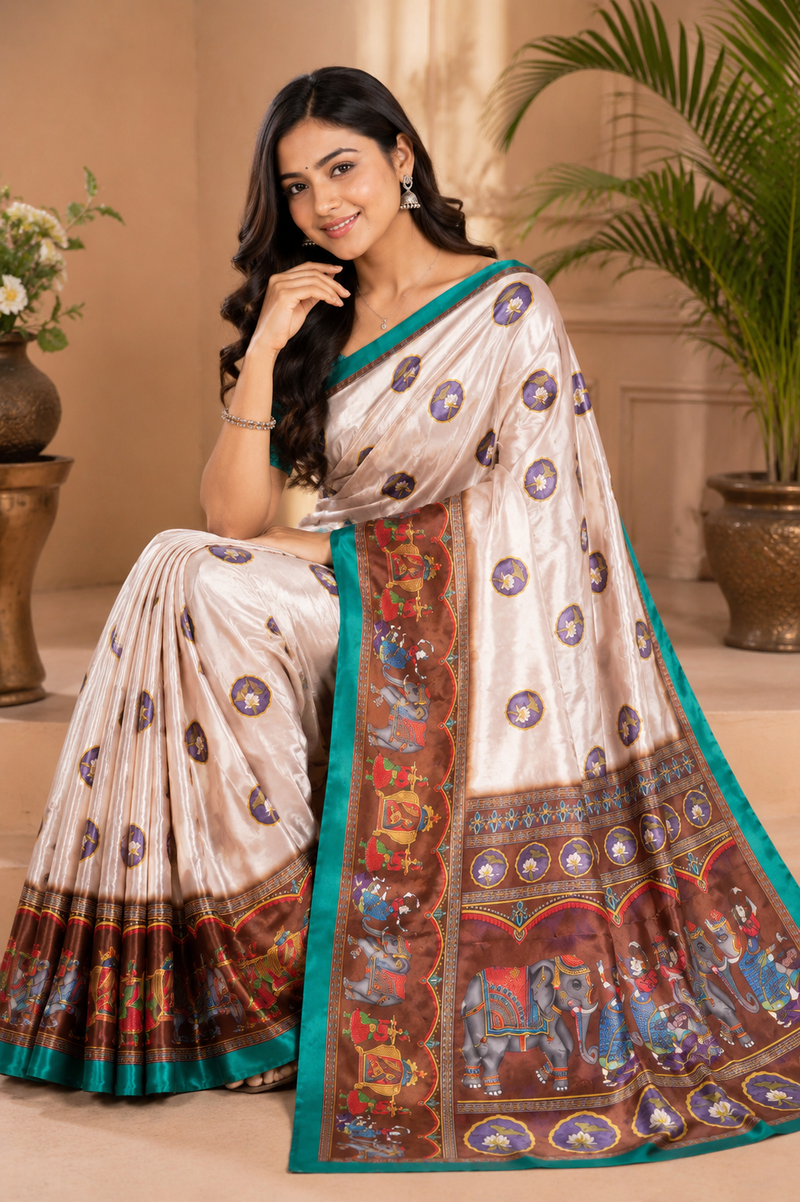 Off-White and Coffee Brown Paithani Print Satin Saree