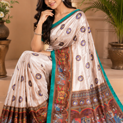 Off-White and Coffee Brown Paithani Print Satin Saree