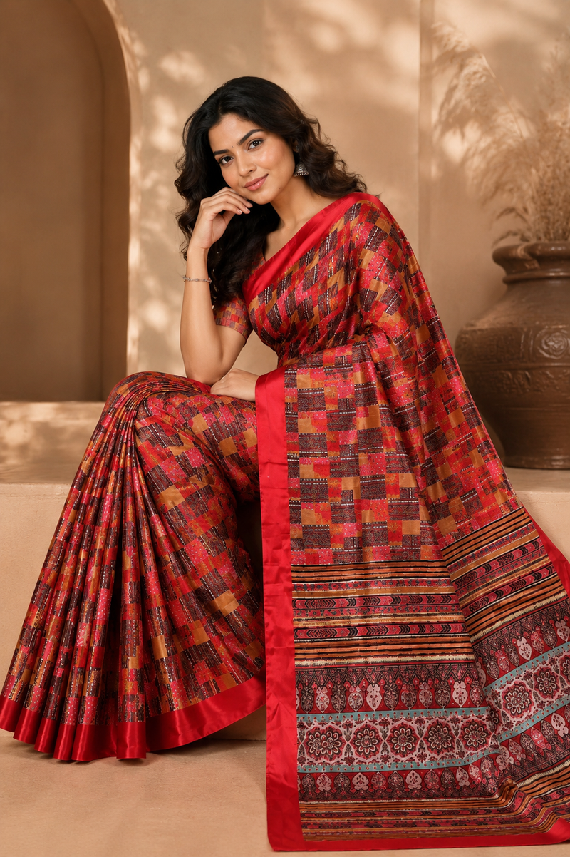 Vibrant Red Printed Silk Saree With Geometric Pattern & Ethnic Border