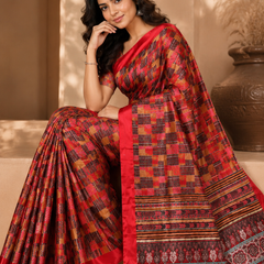 Vibrant Red Printed Silk Saree With Geometric Pattern & Ethnic Border