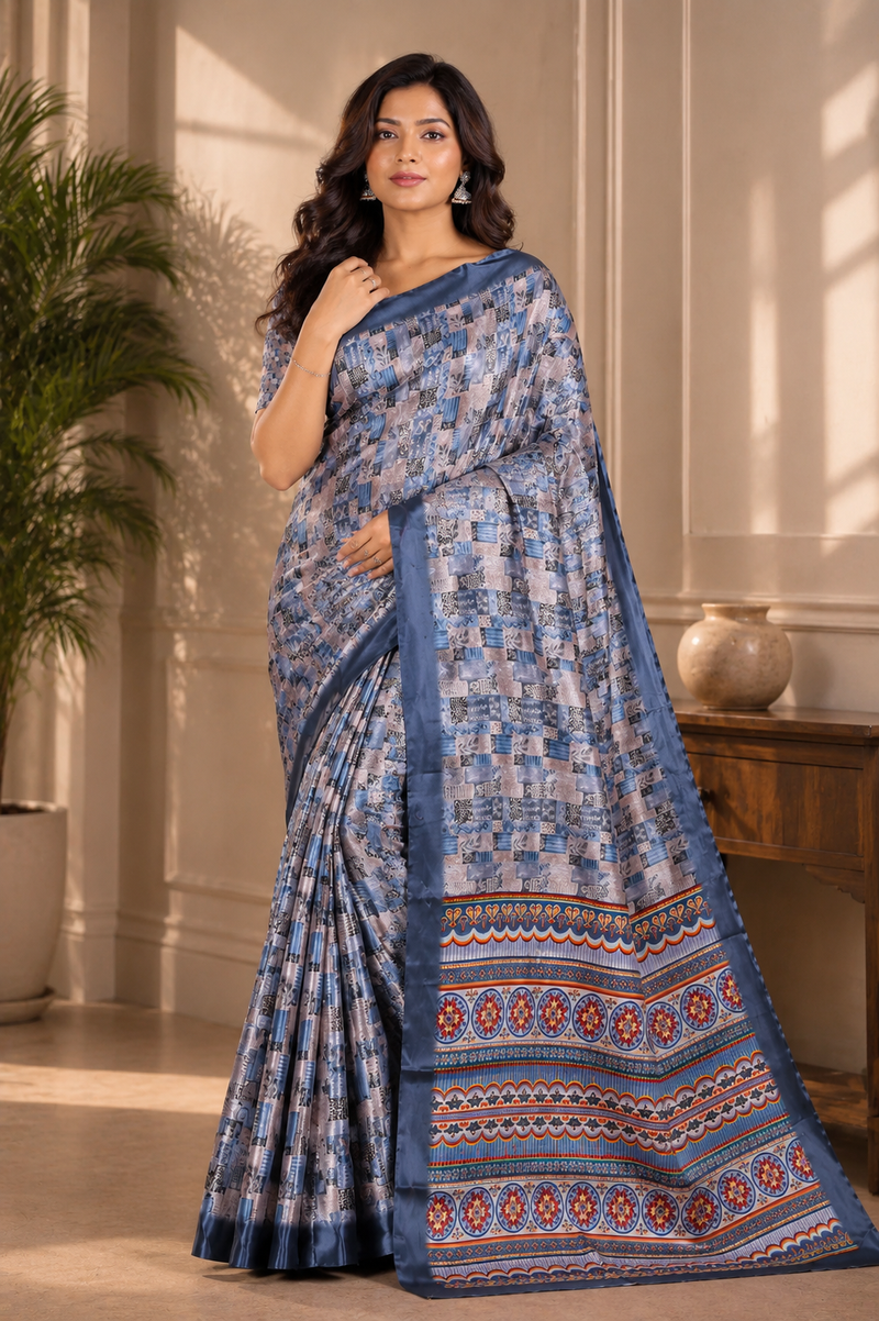 Elegant Steel Blue Printed Silk Saree With Geometric & Ethnic Border