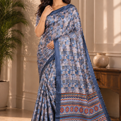 Elegant Steel Blue Printed Silk Saree With Geometric & Ethnic Border