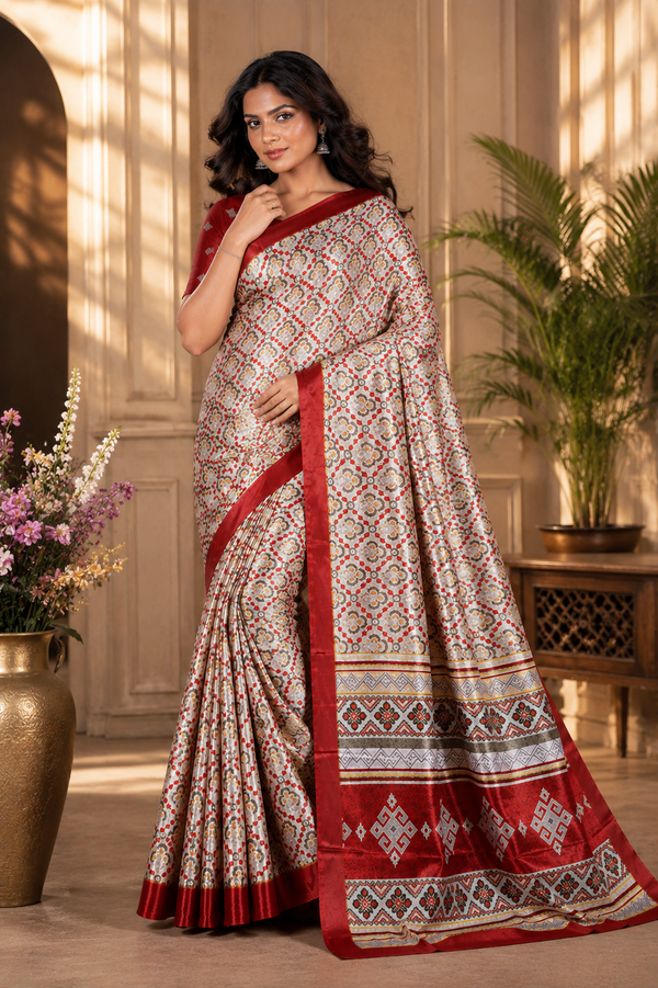 Cream Red Geometric Print Silk Saree With Ethnic Border