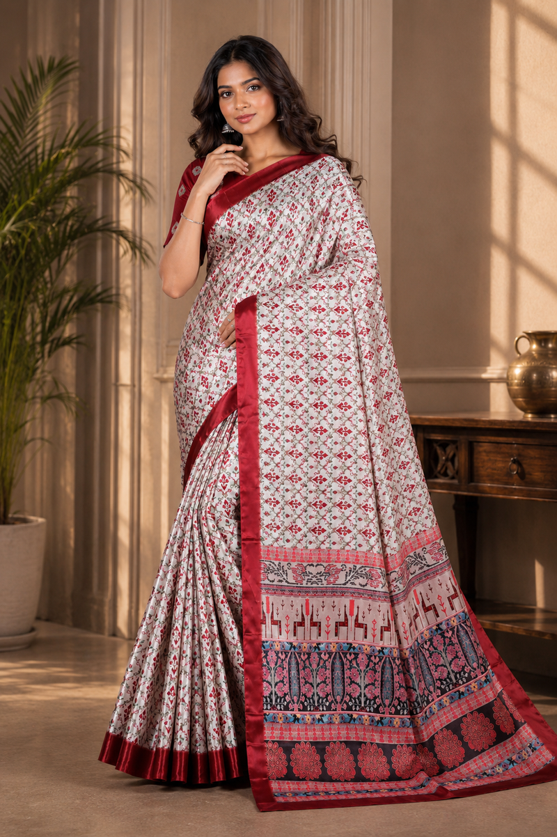 Cream Red Floral Print Chiffon Silk Saree With Elegant Border