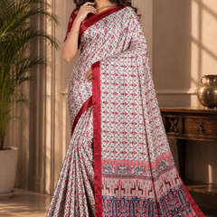 Cream Red Floral Print Chiffon Silk Saree With Elegant Border