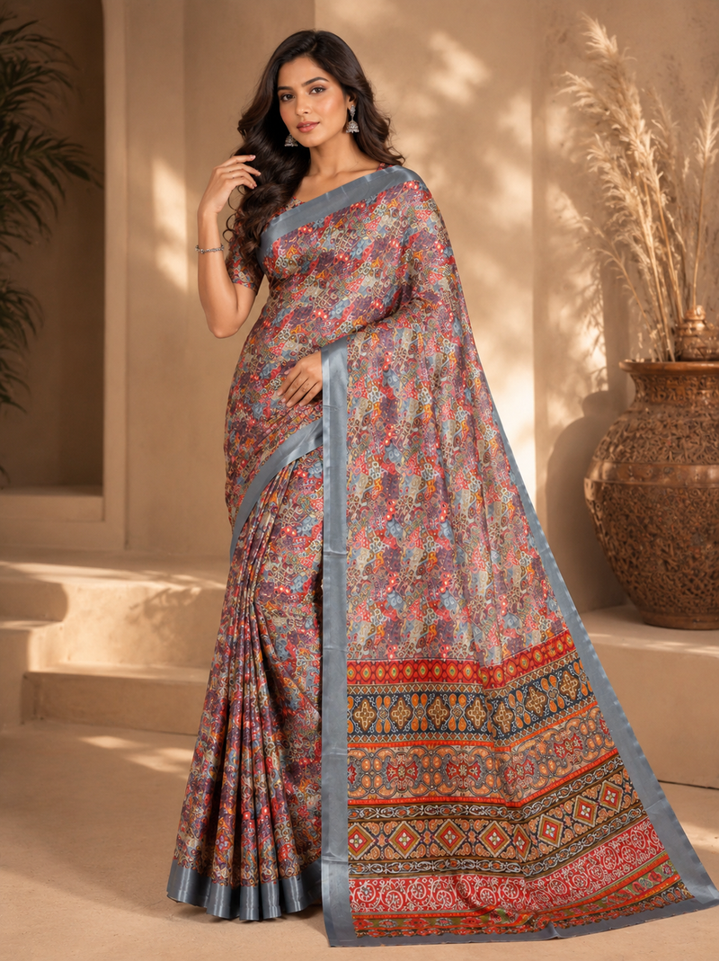 Multicolor Ethnic Print Chiffon Silk Saree With Grey Border