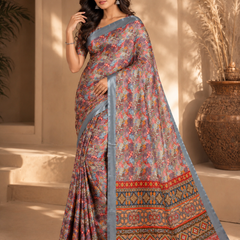 Multicolor Ethnic Print Chiffon Silk Saree With Grey Border