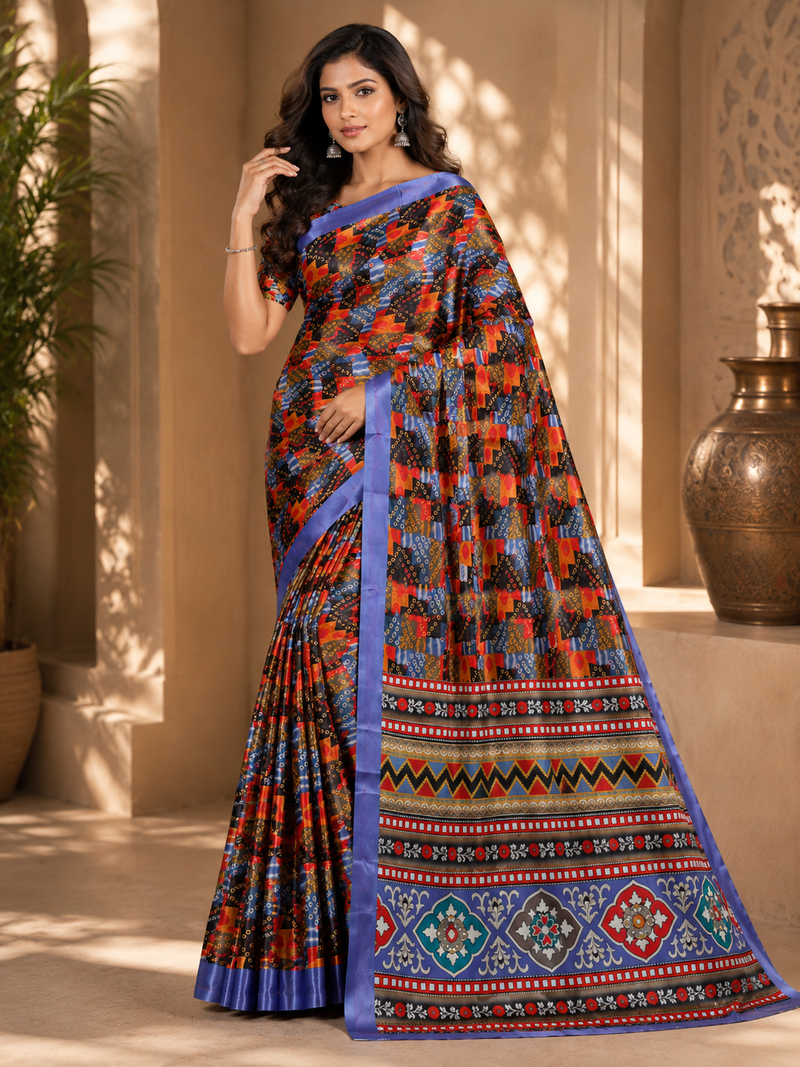 Multicolor Geometric Print Chiffon Silk Saree With Blue Border