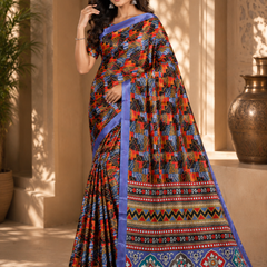 Multicolor Geometric Print Chiffon Silk Saree With Blue Border