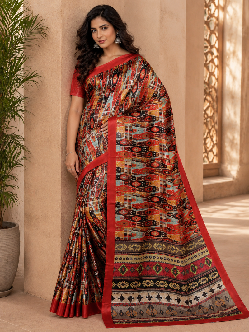 Bold Red Tribal Geometric Print Chiffon Silk Saree