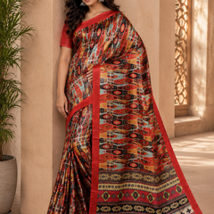 Bold Red Tribal Geometric Print Chiffon Silk Saree