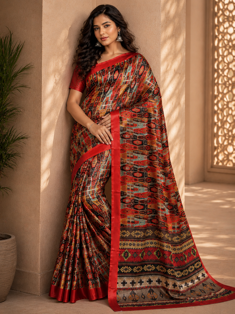 Bold Red Tribal Geometric Print Chiffon Silk Saree