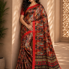 Bold Red Tribal Geometric Print Chiffon Silk Saree