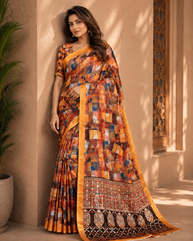 Sunset Mosaic Print Saree with Mustard Border & Ethnic Panel Pallu