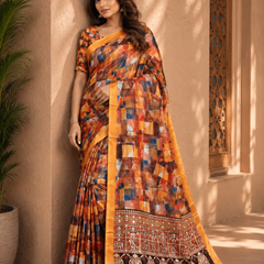 Sunset Mosaic Print Saree with Mustard Border & Ethnic Panel Pallu