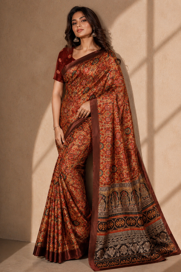 Royal Maroon Floral Printed Silk Saree With Traditional Elephant Border