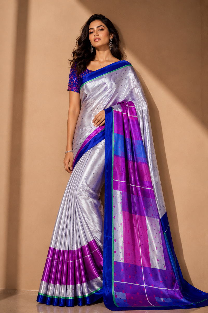 Off-White and Royal Blue Satin Blend Saree with Pink Geometric Pallu