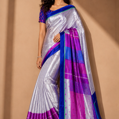 Off-White and Royal Blue Satin Blend Saree with Pink Geometric Pallu